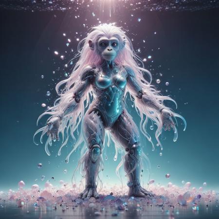 (huge source of light in the center:1.5), see through body, surrounded by a bright cyan glow, dark background covered with glowing stars, there is a galaxy in the background at the top corners of the screen, falling stars colored in a bright purple hue, dynamic pose (monkey with long long dreadlocks:1.5),  with beautiful eyes , black hair, pale skin , freckle , white clothes, vogue pose , flowers around , in a quiet room, cold color filter , taken on a hasselblad medium format camera, full body portrait photo , low contrast, real photographyVolumetric Lighting modern reminiscent of the environment  Volumetric Lighting Beautiful female monkey protects beautiful monkey pixie warrior, wings embrace, perfect hands,    perched stump, with wood chips, playing with soap bubbles, surreal landscape, imagination swirling, dreamworld, art by Agnes Cecile:0.8;, by Phil Koch:0.4, by greg rutkowski:0.6, trending on artstation, Pixar render, (realistic:1), details down to every fluff, (masterpiece:1.2), (best quality:1.2), sharp focus, (8k), beautiful, high quality, (hightres:1.1),  pink hologram
white hologram  purple hologram holographic
glitch (Bubbly Surface Textures), Gilded details, Creative concept, Luminous reflections, Innovative concept, Fiery edges, Serene ambiance
