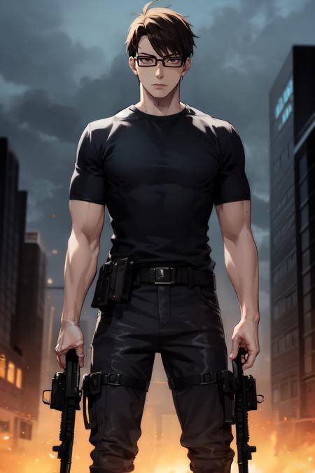 (1male:1.6),solo,male focus,25 year old,<lora:TakehisaHinawa:0.6>,glasses,short hair,brown hair,brown eyes,(pale skin:1.4),handsome,hair in front of face,dramatic,Takehisa_Hinawa,looking at viewer,holding gun,(best quality:1.4),[:intricate details:0.2],masterpiece,detailed background,semirealistic,(mood lighting:1.1),<lora:urbansamuraiv3testing:0.5>,facing forward,aiming gun,pointing gun,uniform,fire,fire fighter,black shirt,