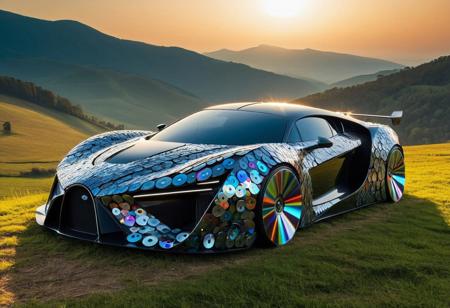 1car, super car, outdoors, magnificent view, modern twist, astonishing, made of cd's, 4k, highly detailed