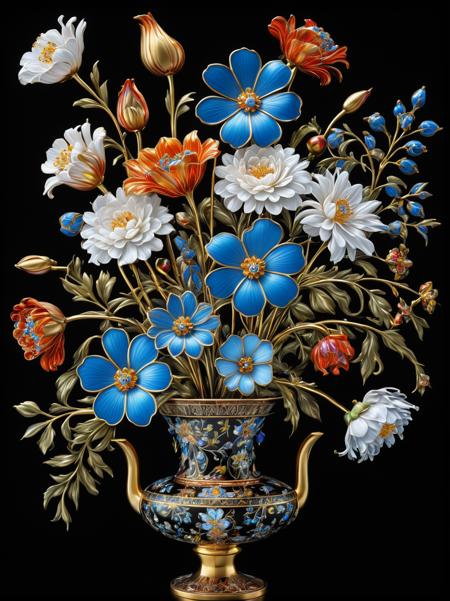 masterpiece , (vivid color ,:1.3) HDR , ultra detailed , a bunch of flowers that are on a black background with a black background and a black background with a white and blue flower, David LaChapelle, highly detailed digital painting, an airbrush painting, cloisonnism materials , glass ,copper gold , silver, minimalism,  high saturation ,
