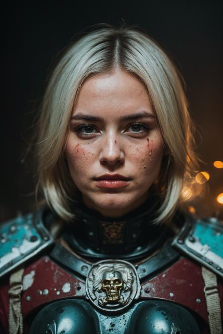 (masterpiece, best quality:1.1), photograph, Porta 160 color, shot on ARRI ALEXA 65, bokeh, depth of field, shot by Don McCullin, (blemishes, skin pores, textured skin:1.1), sharp focus, vibrant colors, PA7_Photo, PA7_Human-Likeness, volumetric lighting, <lora:detail_slider_v4:1>, <lora:FujiVelvia50:0.5>, <lora:GoodHands-beta2:0.8>,
solo, 1 girl, adult  woman, beautiful, turquoise eyes, (white hair:1.25), fishtail braid hair,  grim determination, (bloody battle scars, scarred, scathed:1.15), <lora:edgWar40KAdeptaSororitas:0.85>, edgAdepta, wearing edgAdepta, power armor, shoulder armor, skull emblem,  battle-worn, grimy, dirty, 
(epic, cinematic:1.1), grim dark, battlefield in background,  flames, , blasts, dense smoke rising, particle effects, (wind blowing:1.1), darkness,    <lora:epi_noiseoffset2:0.6>,