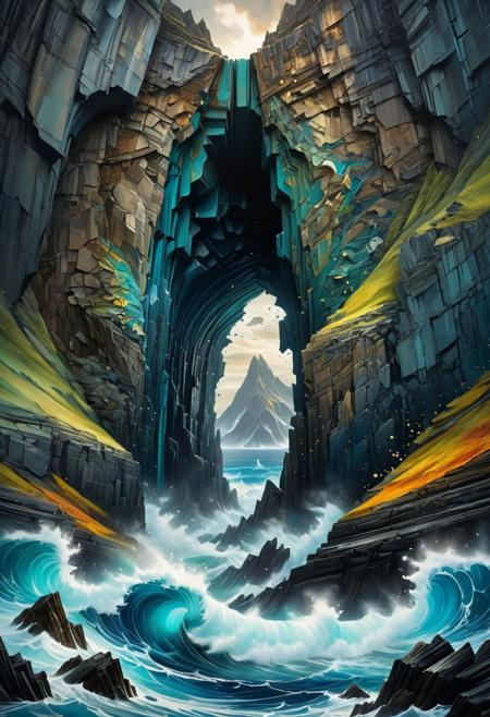 A gigantic keyhole carved into a mountain, leading to a hidden celestial ocean, chaotic expressive realism, cinematic action composition, dynamic motion blur, bold splashes of ink and paint, dramatic lighting, textured brushstrokes, intense energy, hyper-detailed yet fragmented, abstract realism, surreal battle tension, raw and visceral movement