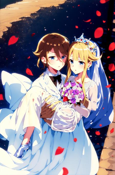 ((masterpiece, best quality)), 2girls, outdoor, day, petals, yuri, brown hair, blue eyes, short hair, formal, white suit, <lora:Ange V1.1:0.5>, (princess carry:1.3), blonde hair, blue eyes, long hair, straight hair, wedding dress, bridal veil, holding flower, looking at another,  <lora:princess charlotte V1.1:0.5>