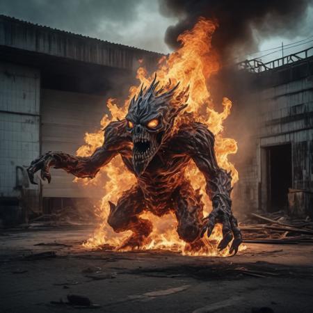 dramatic action shot, highly detailed photo of (a ghastly creature fire elemental:1.3) (hovering off ground:1.3), (floating:1.2),  burning up an abandoned warehouse
hyperdetailed photorealistic, cinematic photography, edge lighting, Nikon 70d, HDR, chromatic aberration, volumetrics dtx