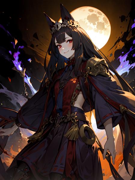 masterpiece,best quality,highres,1girl,<lora:shadowverseGinsetsu_v1:0.75>,1girl,red topwear,purple skirt,(extremely finely detailed clearly and sharp glowing red eyes:1.4),mask,blush,smile,reborn,evolved,blue fire,woods,gradient background,(shaded face:1.3),from below,full moon,looking at viewer,straight-on,(monochrome:1.2),tilting head,purple fire,blue fire,white fire