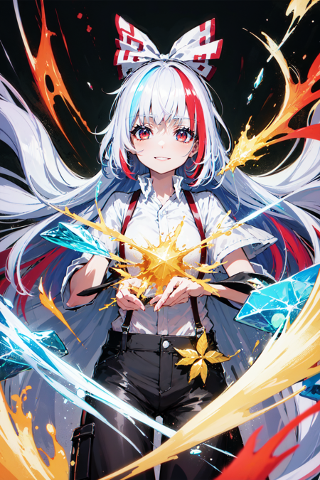 mksks style, masterpiece, best quality, 1girl, solo, (colorful, abstract, multicolored hair, streaked hair:1.2), (fujiwara no mokou, touhou, white hair, red eyes, pants, suspenders, fire:1.2), looking at viewer, smile, a cave full of ice, ice particles, ice shards, magic, magic circles, ice reflections, opal ice, opal reflections, rainbow, prismatic, depth of field, <lora:mikapikazo:0.9>