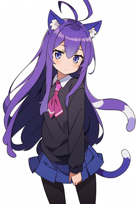 masterpiece,high quality, tsumikiminiwa01, 1girl, solo, long_hair, blue_eyes, very_long_hair, school_uniform, purple_hair, ahoge, pantyhose, pleated_skirt, cat_ears,black_pantyhose, low-tied_long_hair,  <lora:0_TsumMina_00_02:1>