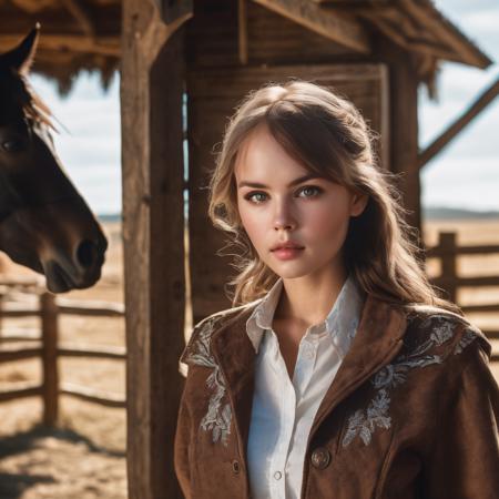 anastasia_shcheglova, <lora:AnastasiaShcheglovaXL:1>, a Cowgirl, ((brown western style jacket, white shirt)),cowboy shot, standing next to a stable,black horse, hay on the ground, in front of the camera, ((sharp face, detailed face, realistic face, naturtal skin, realistic skin, detailed skin, pores)), ((perfect eyes, detailed eyes,realistic eyes)), (masterpiece, best quality, ultra-detailed, best shadow), high contrast, (best illumination), ((cinematic light)), colorful, hyper detail, dramatic light, intricate details, (1 girl, solo) , ultra detailed artistic photography, dreamy, backlit, shadows, ultra high definition, 8k, ultra sharp focus, ultra high quality model, soft lighting, film photography, analogue photography, hyperrealism,