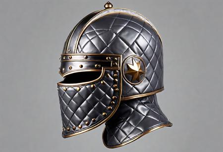 CINEMATIC, upper body multiply views, front and side view, Hyper-realistic, detailed, medieval style, gray quilted leather HELMET HAT with metal rivets, warior style, simple gray background