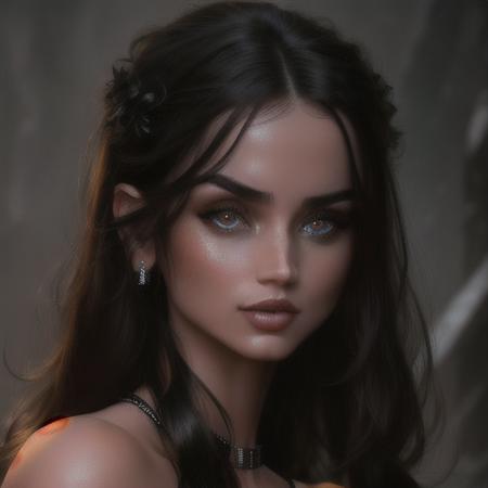 Upper half body ((stunning)) <lora:anaarmas1-10:1>  wearing a (black choker) with (black:1.5), ((highly detailed eyes)), ethereal, seductive, ((perfect eyes)), (glossy nude lips), photorealistic, full, 4K, trending on artstation,( masterpiece)