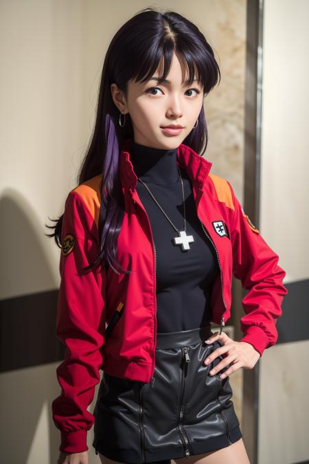 rebuild style, masterpiece, ultra detailed, woman, cosplay, neon genesis evangelion, <lora:rebuildOfEvangelion_v4b-26:0.6>, katsuragi misato, brown eyes, purple hair, long hair, swiss cross, cross necklace, parted bangs, large breasts, red jacket, open jacket, miniskirt, black dress, (cropped jacket), earrings, closed mouth, smile, wind, looking at viewer, outdoors, cityscape,