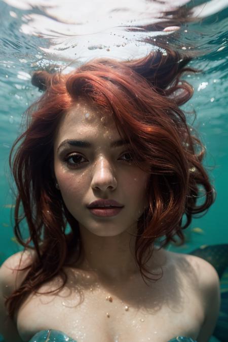 (photo of a gorgeous woman), (professional photography), (red hair), (underwater), (as a mermaid), detailed face, detailed eyes, (portrait), masterpiece, best quality, (eye contact), (looking at the viewer), centred, (shot from front),  ((soft even lighting)), well lit, blurred_backgound, bokeh, proportional,  <lora:Ketika-10:0.85>