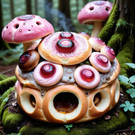 an enchanted forest where mushrooms resemble soft buns, caps layered in swirls of pink dough, glowing jam seeping from fissures, small creatures nesting inside hollowed centers, mist swirling with warm bakery scent, Buns