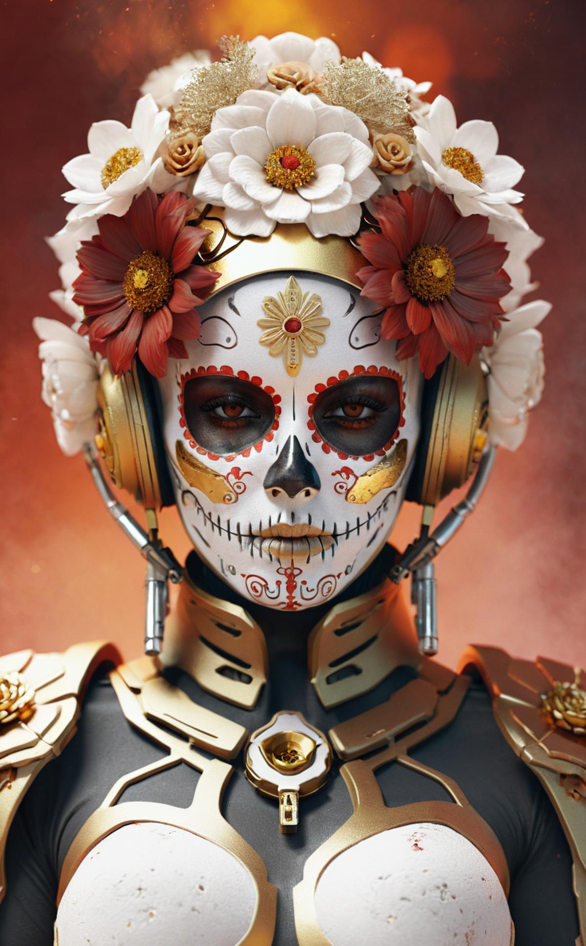 The image features a woman wearing a unique and elaborate skull headpiece, which is adorned with gold and red flowers. The headpiece is decorated with various elements such as a flower crown, gold and red flowers on her head, and possibly a skeleton mask. The woman is standing in front of a colorful background, which complements the vivid and intricate design of her headpiece.
