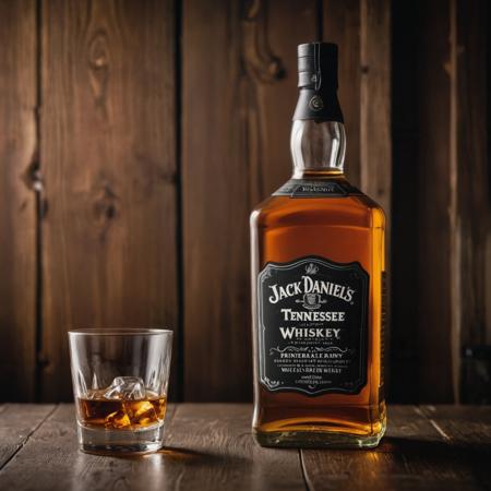 cinematic photograph of a bottle of a black label whiskey and whiskey glass,close-up,dramatic lighting,wooden rich house background  <lora:add-detail-xl:0.5>