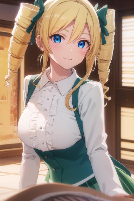 ellismaclaine, <lora:ellis maclaine s2-lora-nochekaiser:1>,
ellis maclaine, long hair, blue eyes, blonde hair, bow, twintails, hair bow, drill hair, twin drills, smile,
BREAK skirt, shirt, long sleeves, white shirt, pantyhose, frills, green skirt, underbust,
BREAK indoors, classroom,
BREAK looking at viewer,
BREAK <lyco:GoodHands-beta2:1>, (masterpiece:1.2), best quality, high resolution, unity 8k wallpaper, (illustration:0.8), (beautiful detailed eyes:1.6), extremely detailed face, perfect lighting, extremely detailed CG, (perfect hands, perfect anatomy),