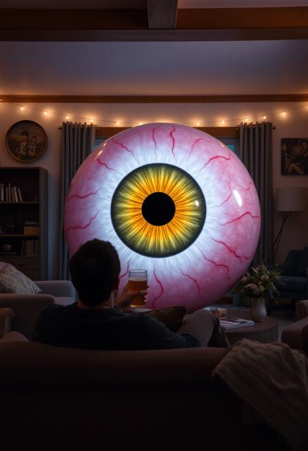 photo of a giant eyeball in house in front of the man with beer sitting on couch watching at the eyeball