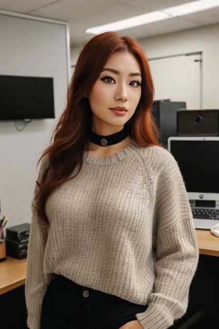 A woman wearing a blazer, office clothes, resembling an Asian woman, with brown hair, blue eyes and little makeup, with an intent badge, in a technological office, where she has the stereotype of a nerd with big breasts amidst several computers, raw photo, (18yo redhead girl:1.2), makeup, graphic eyeliner, rouge, (choker:0.9), realistic skin texture, oversize knit sweater, (red:0.8), softcore, warm lighting, cosy atmosphere, instagram style