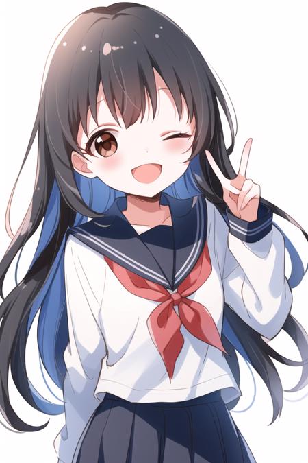 masterpiece, best quality, masterpiece,<lora:Buchi-4:1>, Buchi, 1girl, solo, one eye closed, long hair, skirt, school uniform, smile, open mouth, white background, brown eyes, v, simple background, serafuku, black skirt, double peace sign, pleated skirt, red neckerchief, neckerchief, black sailor collar, black hair, ;d, shirt, long sleeves, sailor collar, looking at viewer, very long hair, blush, white shirt, bangs, head tilt, hands up, cowboy shot