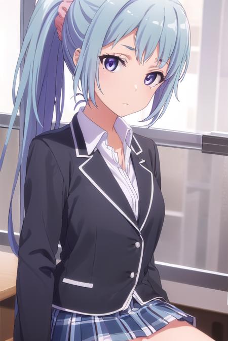 sakikawasaki, <lora:saki kawasaki s2s3-lora-nochekaiser:1>,
saki kawasaki, long hair, hair ornament, blue hair, (purple eyes:1.1), ponytail, mole, mole under eye, scrunchie, hair scrunchie, pink scrunchie,
BREAK skirt, ribbon, school uniform, jacket, black jacket, plaid, plaid skirt, blazer, sobu high school uniform,
BREAK indoors, classroom,
BREAK looking at viewer, (cowboy shot:1.5),
BREAK <lyco:GoodHands-beta2:1>, (masterpiece:1.2), best quality, high resolution, unity 8k wallpaper, (illustration:0.8), (beautiful detailed eyes:1.6), extremely detailed face, perfect lighting, extremely detailed CG, (perfect hands, perfect anatomy),