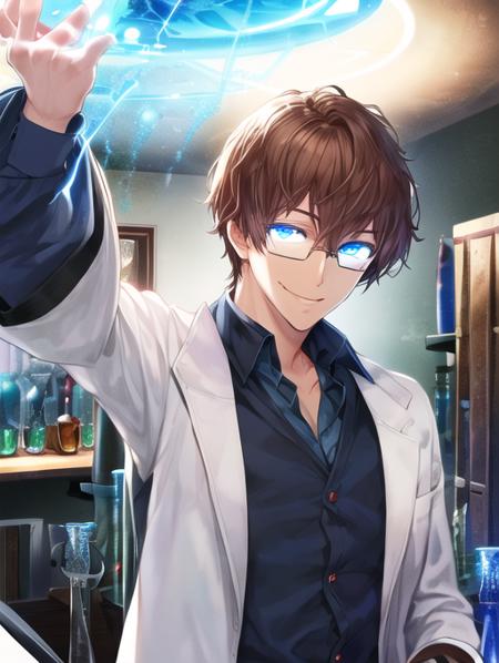 best quality, masterpiece, highres, detailed, <lora:Detail - add_detail:0.2>,  <lyco:Change - MadScientist:0.8>, MadScientistCh, lab coat, glasses, evil smile, 1man,  <lora:Character - JaceM:0.5>, brown hair, short hair, blue eyes, glowing eyes, JaceMind,