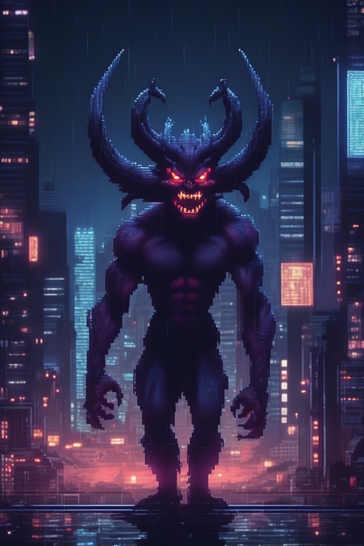 ((pixelart)), a close-up picture of a demon, night city on the background, (8k, RAW photo, best quality, masterpiece:1.2),...