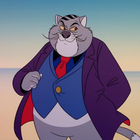 fatcat, 1boy, solo, furry, whiskers, cat ears, formal, suit, red necktie, blue vest, 