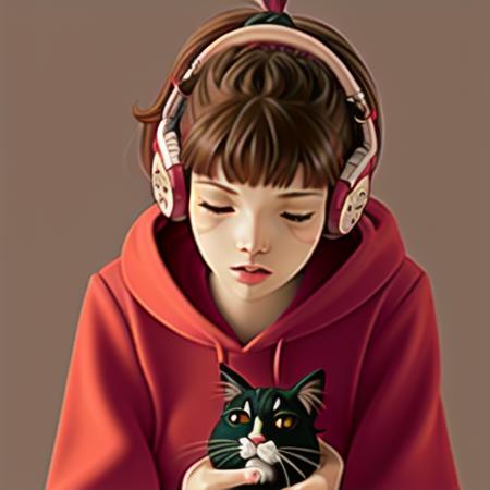 <lora:lofi-girl:1> lofi-girl, 1girl, solo, bangs, brown_hair, long_sleeves, holding, closed_eyes, upper_body, ponytail, indoors, hood, blunt_bangs, blurry, from_side, hoodie, profile, blurry_background, headphones, animal, cat, hood_down, short_ponytail, holding_animal, puckered_lips, holding_cat