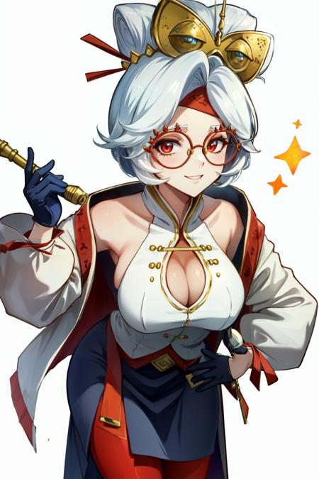 <lora:purah:1> purah, black gloves, white hair, solo, smile, looking at viewer, red eyes, holding, 1girl, microphone, large breasts, glasses, simple background, hair ornament, pantyhose, cleavage, gloves, white background, leaning forward, hand on hip