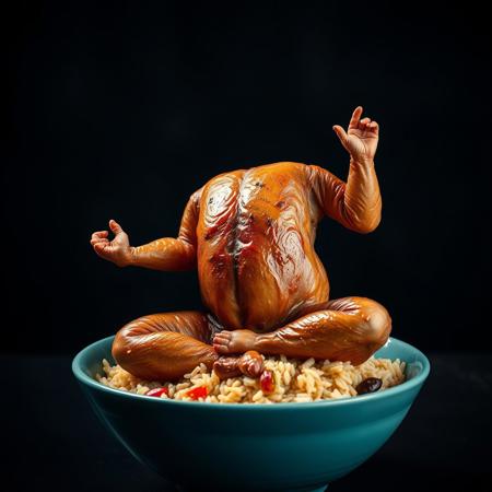 A roasted chicken in a yoga pose, sitting atop a bowl of fried rice. The chicken is perfectly browned and detailed, its posture serene and balanced.  The bowl is teal, and the rice is fluffy and textured, with visible vegetables. The background is a dark, moody setting, with a subtle light source highlighting the chicken. The overall style is photorealistic, with a focus on texture and detail