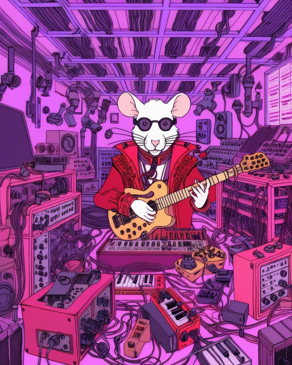 A man playing a guitar in the middle of a room full of electronic equipment.