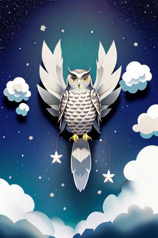 fluffy, floating, clouds, sky, stars, space, (owl)