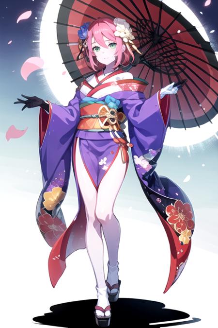 <lora:Ley-04:0.7>, leygc, 1girl, solo, looking at viewer, hair ornament, gloves, long sleeves, holding, closed mouth, green eyes, full body, pink hair, flower, japanese clothes, pointy ears, black gloves, hair flower, wide sleeves, kimono, off shoulder, sash, petals,  colored skin,  umbrella, obi, floral print, white flower, holding umbrella, tabi, oil-paper umbrella, purple kimono, outdoors