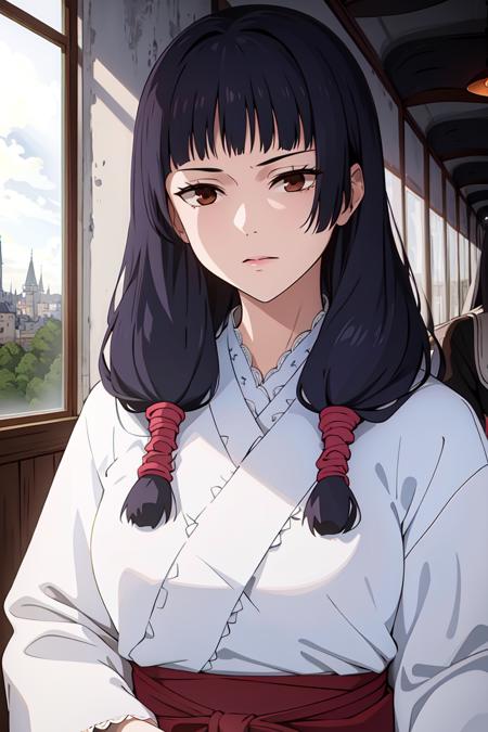 masterpiece, ((ultra detailed background, delicate pattern, intricate detail)), (highly detailed, fine details), best quality, beautiful lighting, ((medium breasts, slim girl)), Utahime, 1girl, solo, black hair, long hair, brown eyes, japanese clothes, twintails, miko, blunt bangs, red hakama, complex detailed background, inside, castle room environment, medieval castle, gray walls, window, bookshelf, (close-up, portrait), <lora:Utahime:0.75>