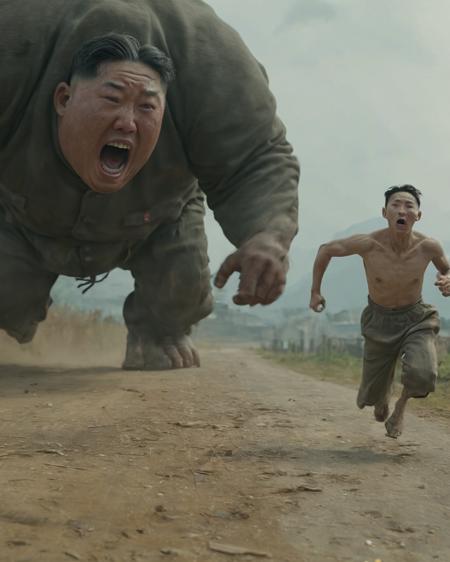 4k, realistic, a cinematic shot of a terrified poor skinny asian skeletal peasant running from a giant fat Kim Jong-un, folming on gopro, action in background, bosstyle, HD, masterpiece, best quality, hyper detailed, ultra detailed, super realistic, <lora:add-detail-xl:0.6> <lora:MJ52:0.5>