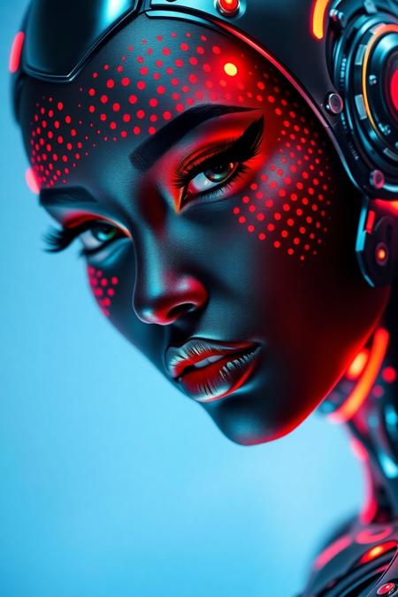 With striking clarity, a futuristic figure emerges, exuding a blend of human and robotic elements. The close-up portrait reveals a woman whose skin is adorned with intricate black dots and illuminated by vibrant red accents, creating a mesmerizing pattern that enhances her striking features. Her intense gaze, framed by elongated winged eyeliner and elegantly styled lashes, conveys an otherworldly presence, while her lips, subtly parted, evoke a sense of intrigue. The soft blue background contrasts with the fiery tones, highlighting the luminous details of her cybernetic design. This image radiates a captivating narrative of technology intertwined with beauty, inviting viewers to ponder the possibilities of a futuristic aesthetic.
