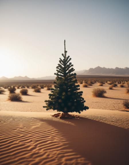 cinematic photo of a christmas tree in desert