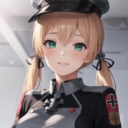 (masterpiece, best quality:1.2),illustration,8k,hd,1girl,solo,upper body,(portrait:1.2),hat,blonde hair,twintails,uniform,gloves,hair ornament,military uniform,anchor hair ornament,peaked cap,white gloves,low twintails,iron cross,breasts,smile,long sleeves,military hat,long hair,green eyes,aqua eyes,microskirt,black thighhighs,black skirt,pleated skirt,<lora:Prinz Eugen-V1:0.8>,