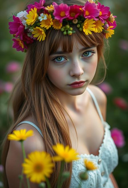 cinematic photo summers meadow, wild flowers
1girl, solo, wild flower crown, long hair, breasts, cleavage, lacy summer dress, thin dress straps, bright green eyes, button nose
bokeh, , score_9, score_8_up, score_7_up, hyperdetailed, hyperrealistic, masterpiece, best quality, (masterpiece:1.3),high-definition, intricate details, volumetric lighting, symmetrical face, level eyes, skin pores . Extremely high-resolution details, photographic, realism pushed to extreme, fine texture, incredibly lifelike . 35mm photograph, film, bokeh, professional, 4k, highly detailed
