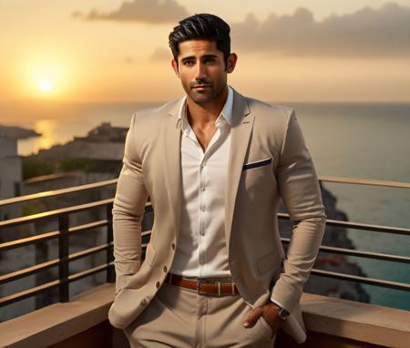 Nautical-themed (Photo:1.3) of (Ultrarealistic:1.3) <lora:Man_Men_FFashion:1> Gilles Marini a man <lora:varun-sood_Gilles-Marini:1> in a tan suit standing on a balcony, sun behind him, inspired by Pablo Munoz Gomez, shot at golden hour, editorial photograph, midshot of a hunky, by Roman Bezpalkiv, by Artur Tarnowski, maxim sukharev, by Gabor Szikszai,Highly Detailed,(Mono Color:1.3) . Sea, ocean, ships, maritime, beach, marine life, highly detailed