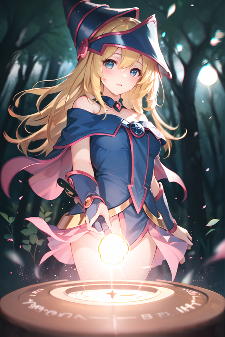 dark magician girl, mksks style, (very detailed background:1.0), (highly detailed background:1.0), masterpiece, best quality, (1girl), solo, (forest), long hair, blonde hair, blue headwear, wizard hat, spell casting, nature, trees:1.2, motion blur, magic, (moonlight:1.2), chromatic aberration, depth of field, soft lighting, highly detailed face, highly detailed eyes  <lora:dark_magician_girl:0.6> <lora:dpep2768:0.7>