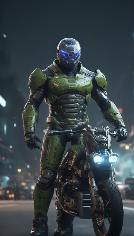(photo portrait of (Doomguy:1.4) (riding a motorcycle, in futuristic outfit:1.2)), (Doomguy riding a motorcycle:1.1), (looking at the camera:1.1), (looking at the viewer:1.1), dramatic lighting, ((mechanical prosthetics, robot hands)), action pose, (motorcycle), BREAK, dynamic, vibrant, action-packed, detailed character design, (professional photo of Doomguy:1.2), (extremely detailed Doomguy face:1.4), (Doomguy riding a motorcycle:1.3), 1 man, cyberpunk clothing, cyberpunk, (cyberpunk background:1.2), (extremely detailed cyberpunk background:1.3), extremely detailed background, cyberpunk body modification, cyberpunk 2077 body modification, (neon city background), cyberpunk suit, robot, science fiction, solo, full body, wires and cables, sharp focus, natural lighting, cyberpunk reimagined, neon lights, action pose, colorful, bright colors, science fiction, a dystopian cyberpunk city, neon, cyberpunk 2077, (cyberpunk 2077 cityscape), art by Masamune Shirow,soft neon light, cinematic, vivid details, robotic bionic features, (masterpiece, hyperrealistic, best quality:1.2), official art, extremely detailed CG unity 8k wallpaper, detailed background, best quality, expressive eyes, perfect face, perfect eyes, perfect anatomy, extremely detailed eyes and face, looking at viewer, detailed background, detailed clothes, cinematic lighting, beautiful 8k, masterpiece, best quality, high quality, hdr, photography by cosmicwonder, high definition, symmetrical face, volumetric lighting, 24mm, 4k, DSLR, high quality, ultra realistic,