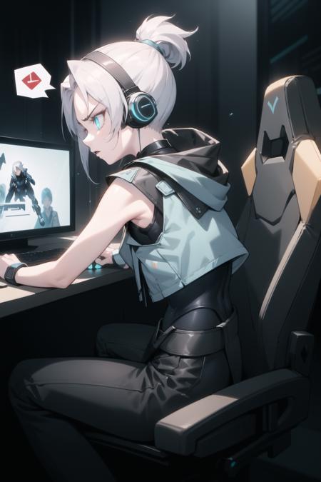 <lora:jett-000017:1> jett \(valorant\), blue cropped jacket, sleeveless, black bodysuit, black pants,
1girl, solo, headset, gaming chair, looking at screen, livestream, dark, glowing, angry, spoken anger vein, facepalm, from side