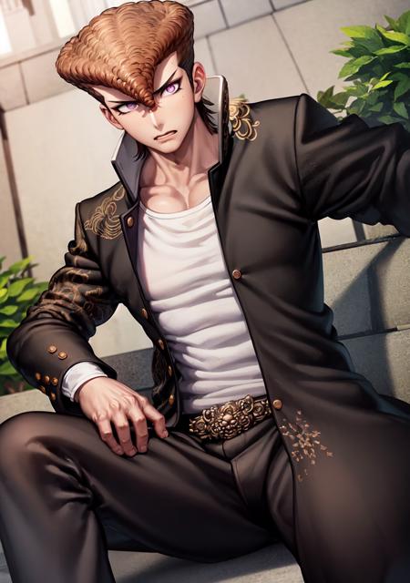 masterpiece, best quality, owada mondo, 1boy, pompadour, brown hair, purple eyes, black gakuran, white shirts, open jacket, muscular, black pants, <lora:Mondocolab-11:0.7>, sitting,