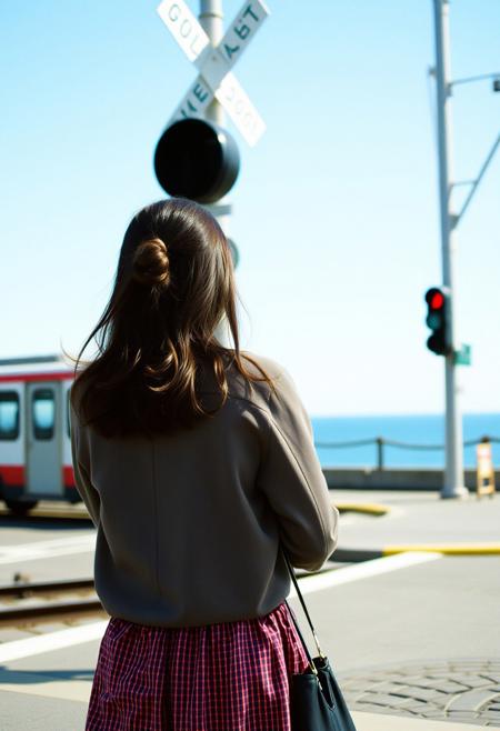 Japanese Culture Style, Emotional Photos, 35mm film, soft focus, Back view of a young Japanese woman waiting at a train crossing, blue sky, Seaside,