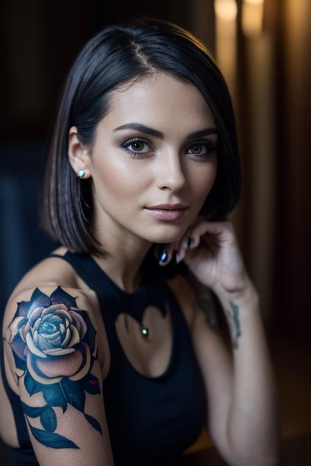 <lora:LowRA_1:0.6>, (high quality:1.4, best quality:1.4, absurdres, masterpiece), RAW analog photo of a young adult girl, very beautiful, solo focus, olive skin with visible pores, bob cut with an undercut, multiple piercings, multiple tattoos, eyebrow piercing, nose piercing, candid moment, professional setting, dorm room, film grain, OverallDetail, SkinDetail, <lora:epi_noiseoffset2_1:1.0>