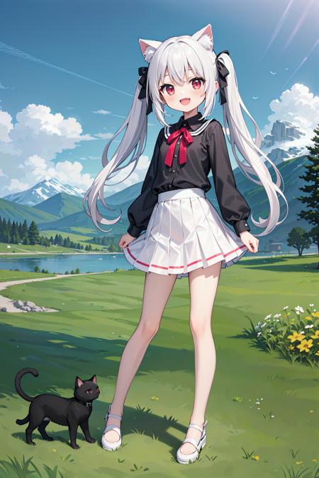 (((masterpiece))), best quality, illustration, 1girl with light white long hair, beautiful detailed red eyes, light white long straight hair, (cute), (petite), slim, solo, solo focus, standing, full body, cat ears, twintails, pure black shirt, skirt, sky, grass, mountains, smile, :d, blush, skin fang, fang