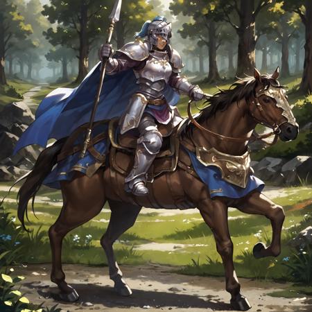 Cavalier,horse,horseback riding knight, armor, cape, grove, helmet holding sword holding spear