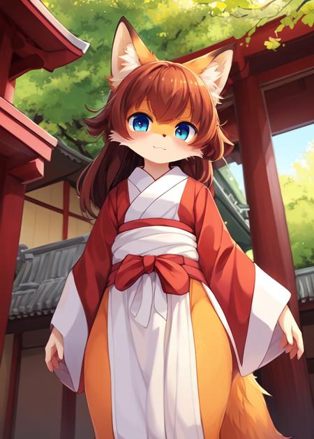 uploaded on e621, (((by Ricegnat, by Bebebebebe, by Prrrrrrmine, by Dagasi))),
solo (((red fox))) with ((orange fur)) and ((white neck tuft)) and ((long brown hair)) and ((clear blue eyes)),
((half-length portrait)), BREAK, (((wear red miko attire))),
(detailed kemono red fox), (detailed lighting), ((detailed fluffy fur)), BREAK, 
(((standing at japanese temple with plant on sunny day))), chibi,
(cinematic lighting), ((detailed background)), ((depth of field)), (half body shadow), ((sunlight)),
(looking at viewer), (low-angle view), ((front view)),
[backlighting], [detailed ambient light], [gray natural lighting], [ambient light on the belly],
[realistic proportions], [explicit content, adult, nsfw], [sharp focus], (questionable content), (shaded), (hi res), ((masterpiece))