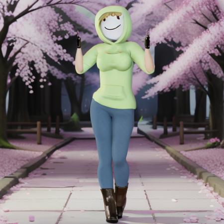 DreamCA, 1girl, solo, smile, short hair, blonde hair, gloves, boots, pants, hood, fingerless gloves, hoodie, mask, denim, cherry blossoms, jeans